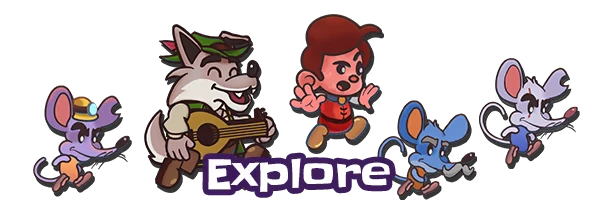 Escape from Ever After: Cartoon hero, wolf with lute, and mice running above "Explore" text.