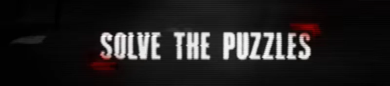 ESCAPE Protocol: White text "SOLVE THE PUZZLES" on a dark, glitchy background with red accents.
