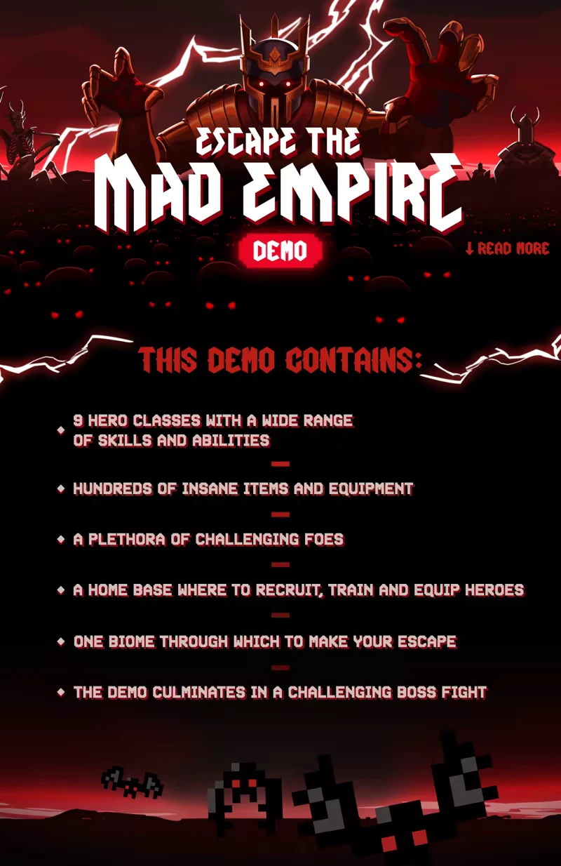 Escape The Mad Empire: Dark figure with glowing eyes, lightning, and bold red text detailing demo.