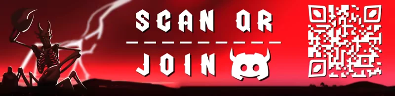 Escape The Mad Empire: Red background, skeleton with scorpion tail, text "SCAN OR JOIN," QR code.