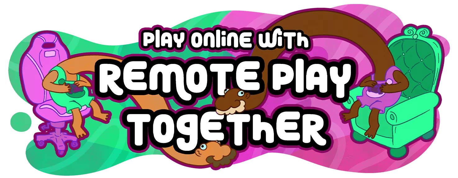Esophaguys: Two characters with long necks play games in chairs, text reads "REMOTE PLAY TOGETHER".