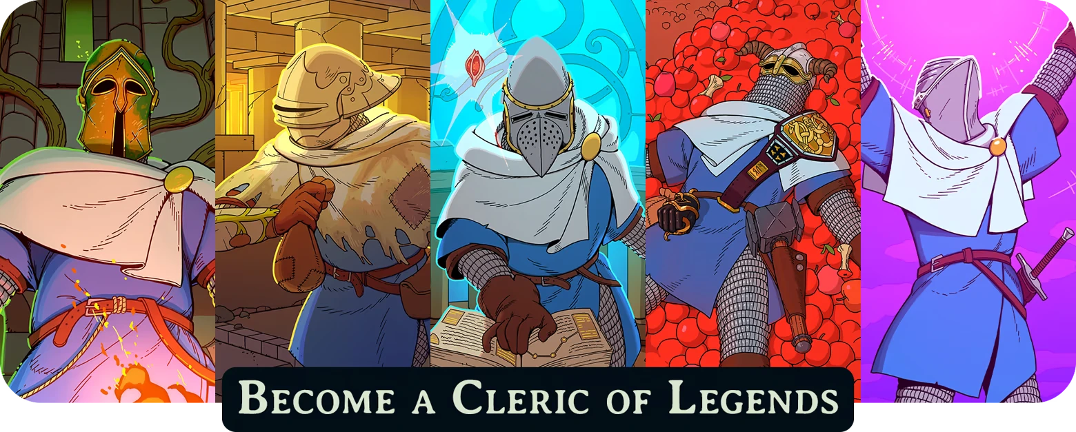 Esoteric Ebb: Five armored figures in varied settings, text reads "Become a Cleric of Legends."