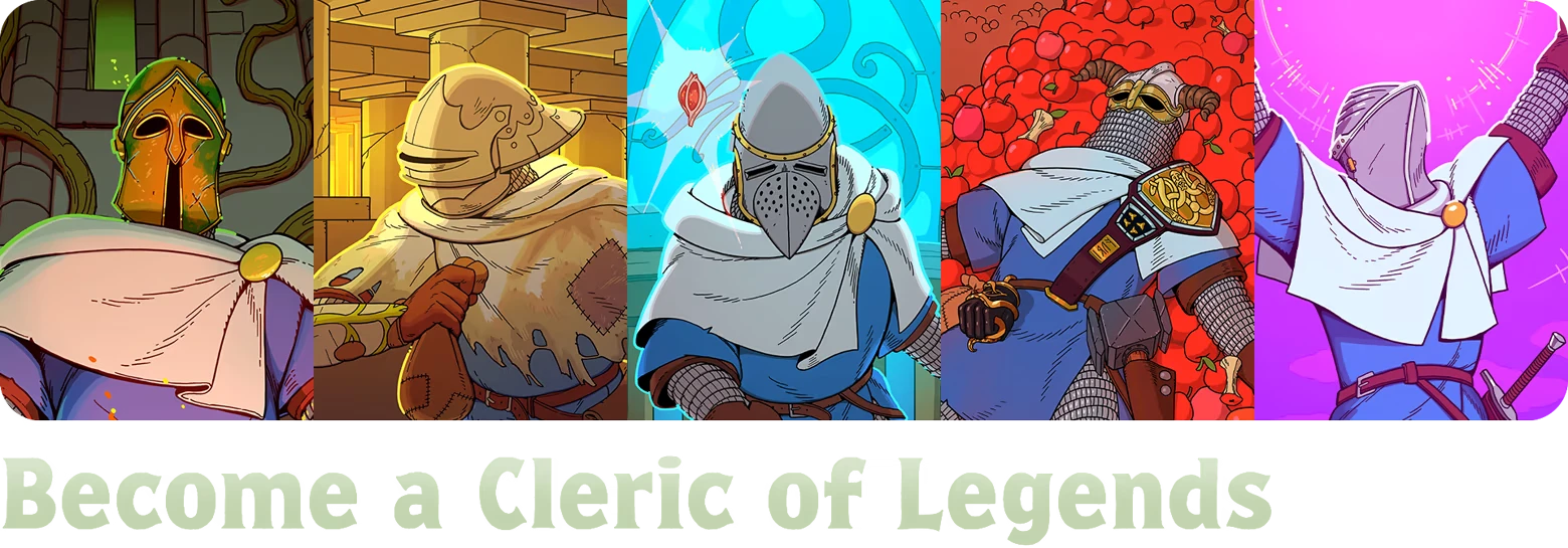 Cleric Helmets Banner – Esoteric Ebb Esoteric Ebb: Five armored figures in panels above text “Become a Cleric of Legends”.