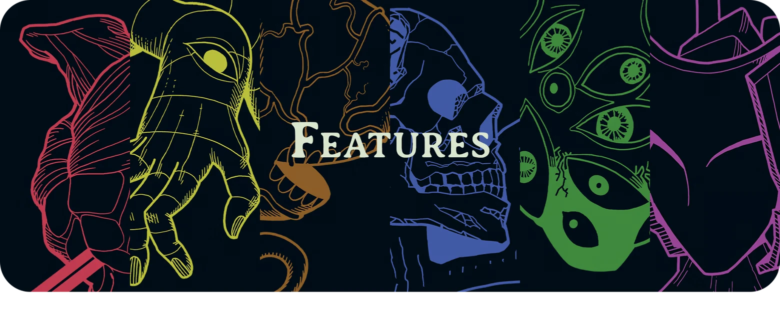 Esoteric Ebb: Colorful sketches of a hand, eye, skull, and text "FEATURES" in bold white.