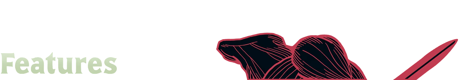 Features Title Card – Esoteric Ebb Esoteric Ebb: Pale green “Features” text with red outlined mushrooms and dagger on black.