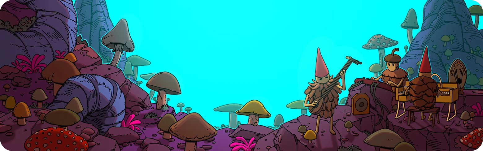 Mushroom Band Performance – Esoteric Ebb Esoteric Ebb: Gnome band plays on rocky hill amid giant mushrooms under cyan sky.