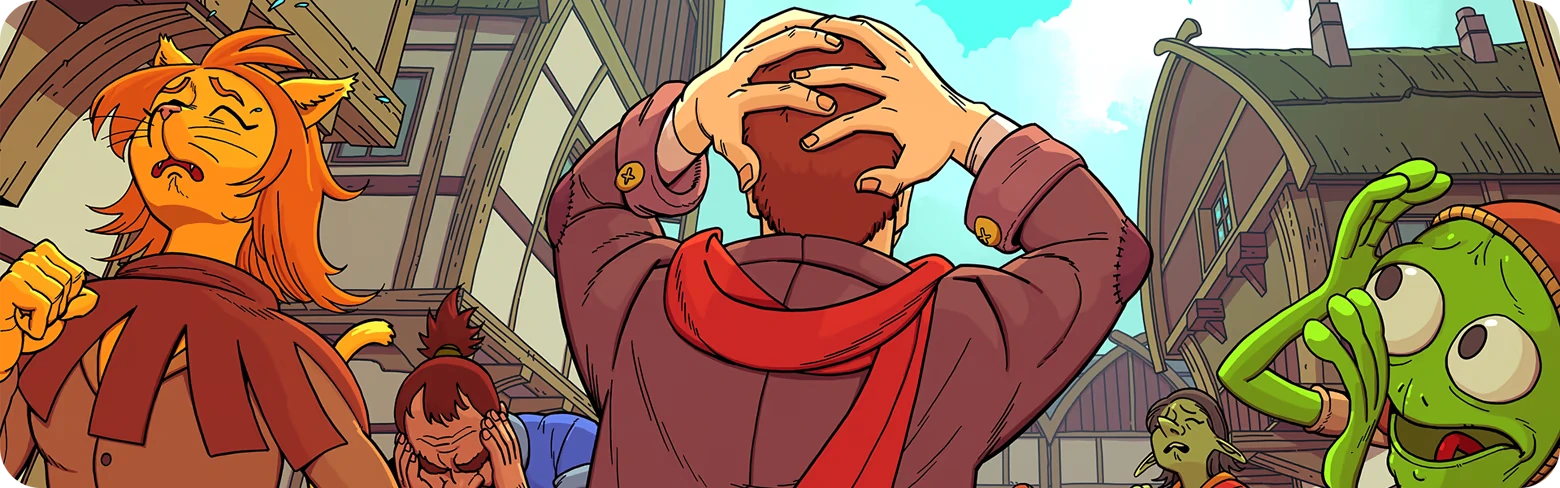 Town Panic Scene – Esoteric Ebb Esoteric Ebb: Cartoon townsfolk and goblin clutch heads in panic on a street.