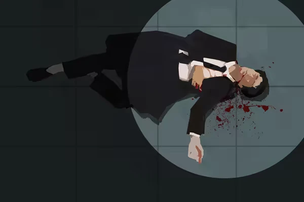 Espionage: A man in a suit lies on a tiled floor, spotlighted, with blood splattered nearby.