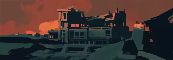 Espionage: Silhouetted ruins against a fiery orange sky, with two figures walking nearby.