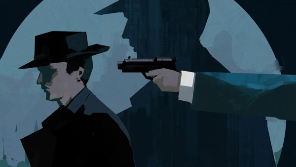 Espionage: Silhouette of a man in a hat with a gun pointed at his head, dark blue background.