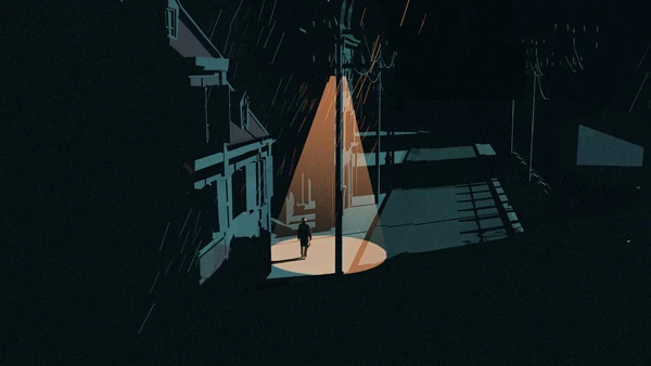 Espionage: A lone figure stands under a streetlight in a dark, rainy alley between buildings.