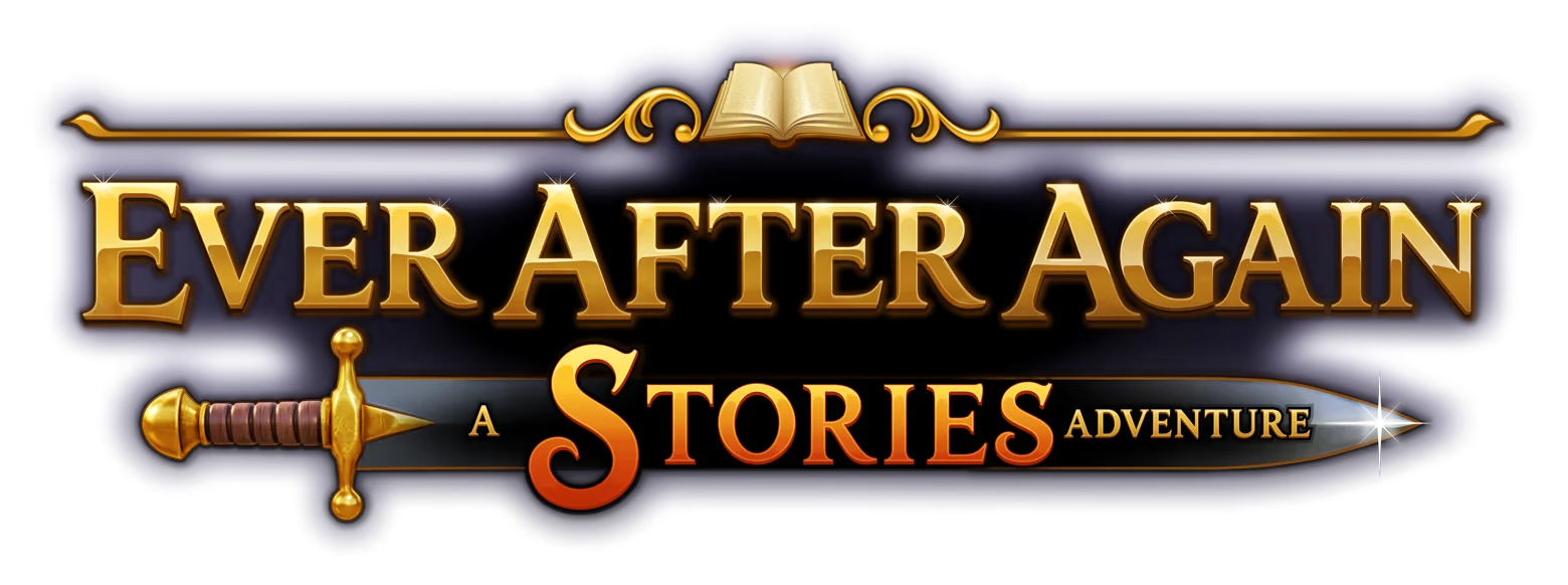 Ever After Again: Gold title logo with sword and open book icon on dark blue plaque.