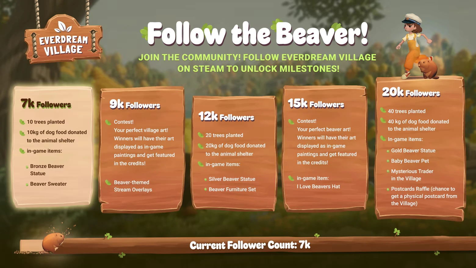 Everdream Village: "Follow the Beaver!" milestone rewards with a character and beaver on a log.
