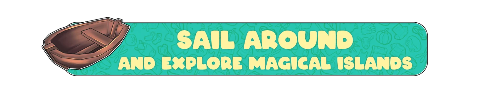 Everdream Village: Wooden boat icon beside bold yellow text on a teal background with patterns.