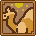 Everything is Crab: Pixel art camel with a sun, framed in a brown border.