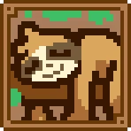 Everything is Crab: Pixel art of a smiling sloth in a brown frame with a green background.