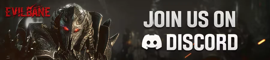 Join Discord Banner – EVILBANE EVILBANE: Armored warrior with glowing red eyes; text “JOIN US ON DISCORD”.