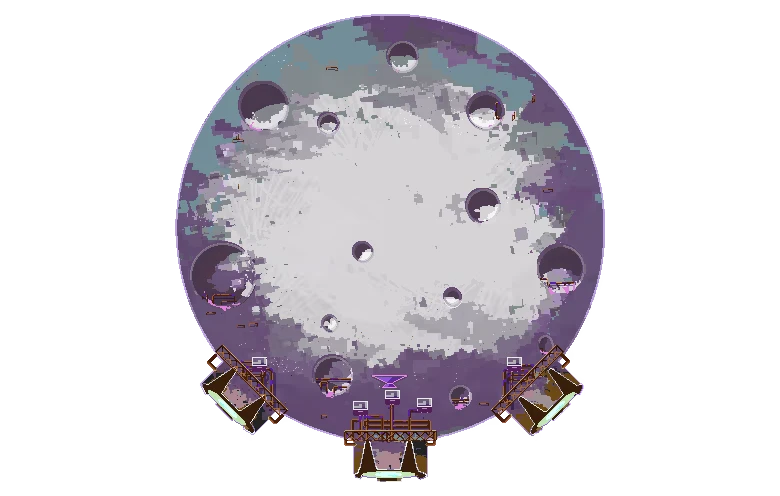 Ark Dome Exterior – Exark Exark: Top-down circular cratered surface with purple rim and three dock structures below.