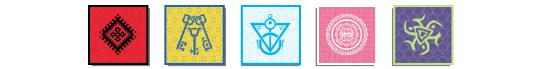 Exark: Five square faction icons in red, yellow, blue, pink, and purple patterns.