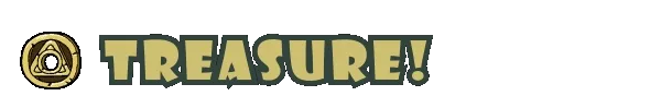 DEEPFANG: Large gold block text “TREASURE!” on black, with circular emblem at left.