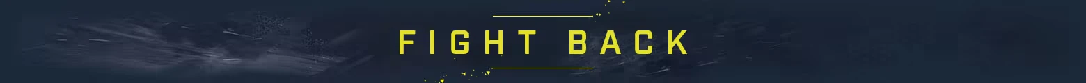 Exoborne: Bold yellow text "FIGHT BACK" on a dark, textured background with subtle patterns.