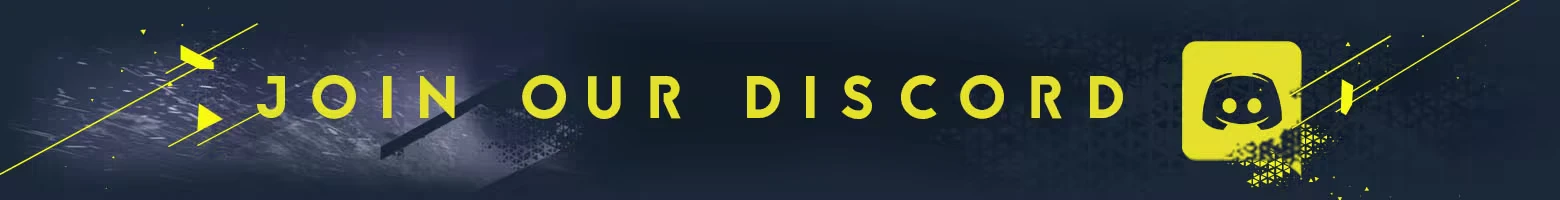 Exoborne: Bold yellow text "JOIN OUR DISCORD" with Discord logo on a dark, textured background.
