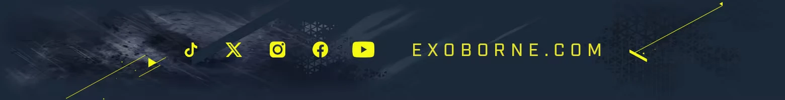 Exoborne: Yellow social media icons and "EXOBORNE.COM" text on a dark textured background.