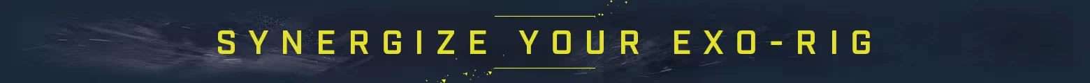 Exoborne: Bold yellow text reads "SYNERGIZE YOUR EXO-RIG" on a dark, textured background.