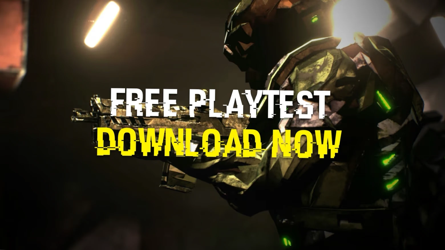Soldier Promotion – EXOSHOCK EXOSHOCK: Armored soldier holds a rifle; text reads "FREE PLAYTEST DOWNLOAD NOW" in bold.