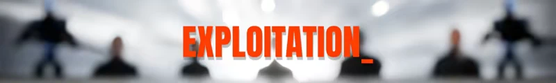 EXPLOITATION: Bold red text "EXPLOITATION" over blurred figures in a bright, abstract background.