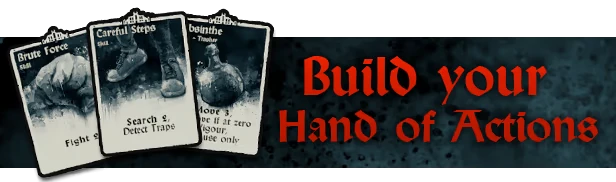Eyes of Hellfire: Three action cards with gothic art, red text reads "Build your Hand of Actions."