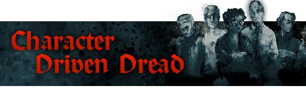 Eyes of Hellfire: Five shadowy figures beside red text "Character Driven Dread" on dark background.
