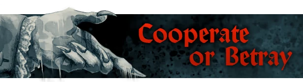 Eyes of Hellfire: A skeletal hand reaches out beside red text reading "Cooperate or Betray."