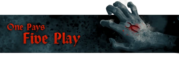 Eyes of Hellfire: A ghostly hand with red marks, text "One Pays Five Play" in red gothic font.