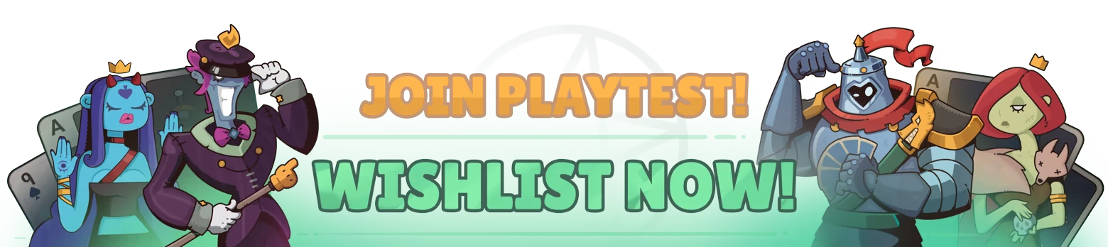 Fabulous Fool: Cartoon characters and cards flank bold text "JOIN PLAYTEST! WISHLIST NOW!"