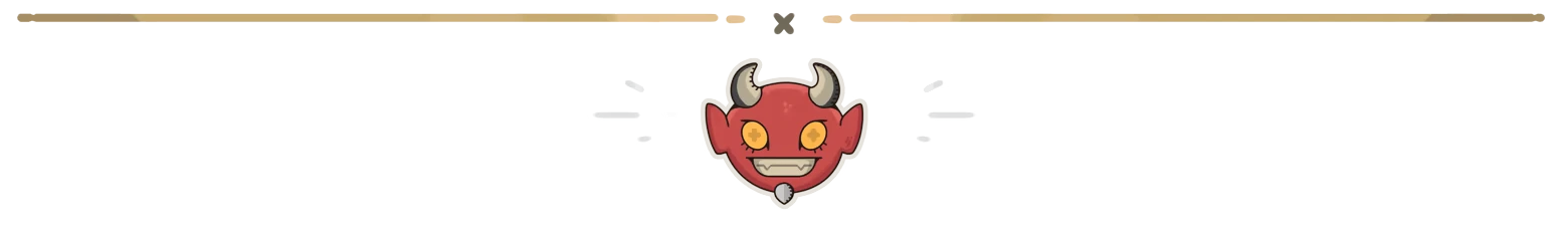 Fabulous Fool: Red devil face with horns and fangs, centered between two gold horizontal lines.