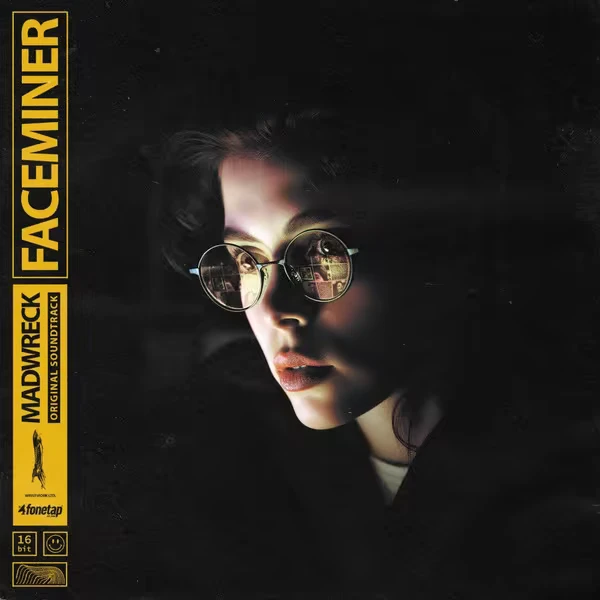 FACEMINER: Woman with round glasses reflecting screens, dark background, yellow sidebar text.