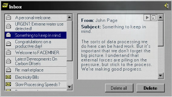 FACEMINER: Inbox with emails, selected message from John Page, subject "Something to keep in mind."