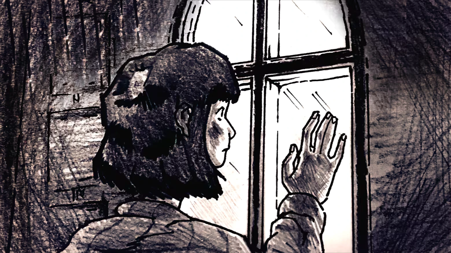 Window Gaze – Faded Solitude Faded Solitude: A young girl with short hair touches a rain-streaked window in a dimly lit room.