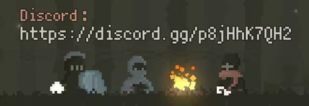 Fadedlands: Pixelated characters by a campfire with a Discord link above in retro font.