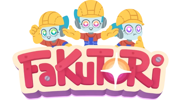 Fakutori: Three robots in hard hats above colorful "Fakutori" text with a starburst design.