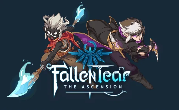 Fallen Tear: Two characters with weapons, one with a glowing blade, logo and title text below.