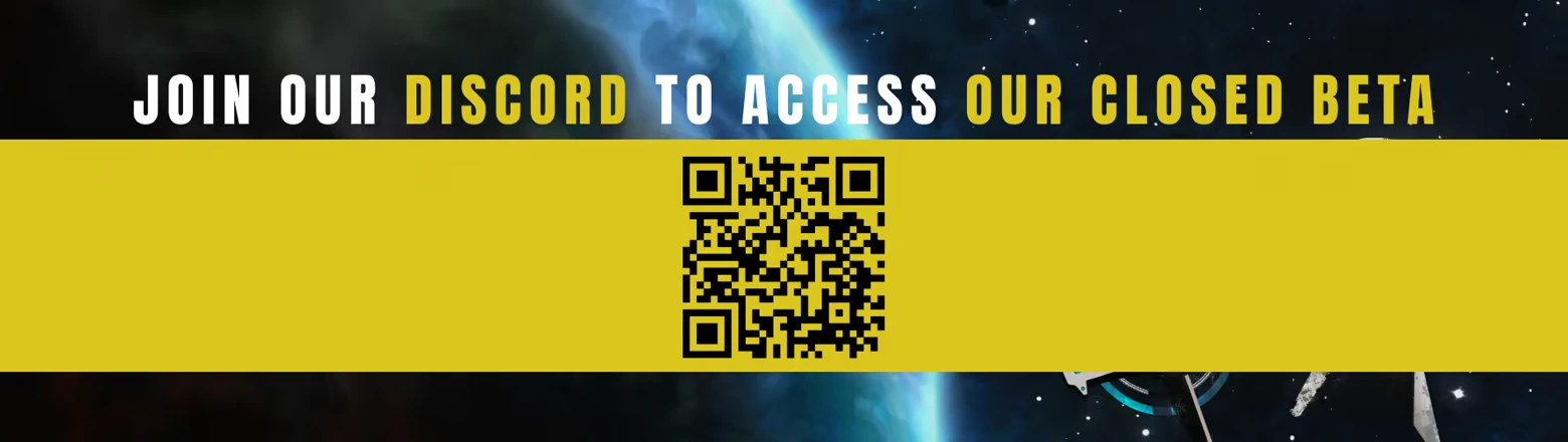 FALLENSTAR: Bold text invites joining Discord for closed beta, with a QR code on yellow banner.