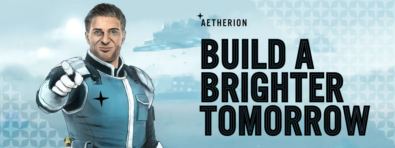 FALLENSTAR: Aetherion agent points forward; text reads "BUILD A BRIGHTER TOMORROW" in bold.