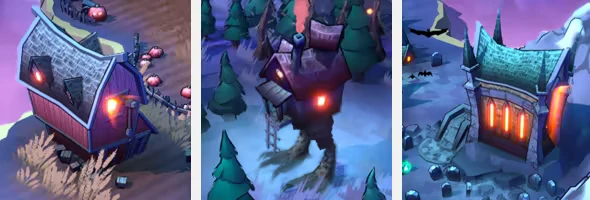 Haunted Landmarks – Fangtopia Fangtopia: Three eerie buildings with glowing windows, surrounded by trees and gravestones.