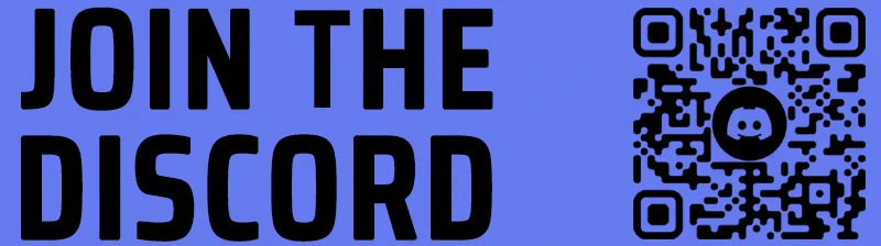 Discord Invite – Far Far West Far Far West: Bold black text "JOIN THE DISCORD" with a QR code on a blue background.