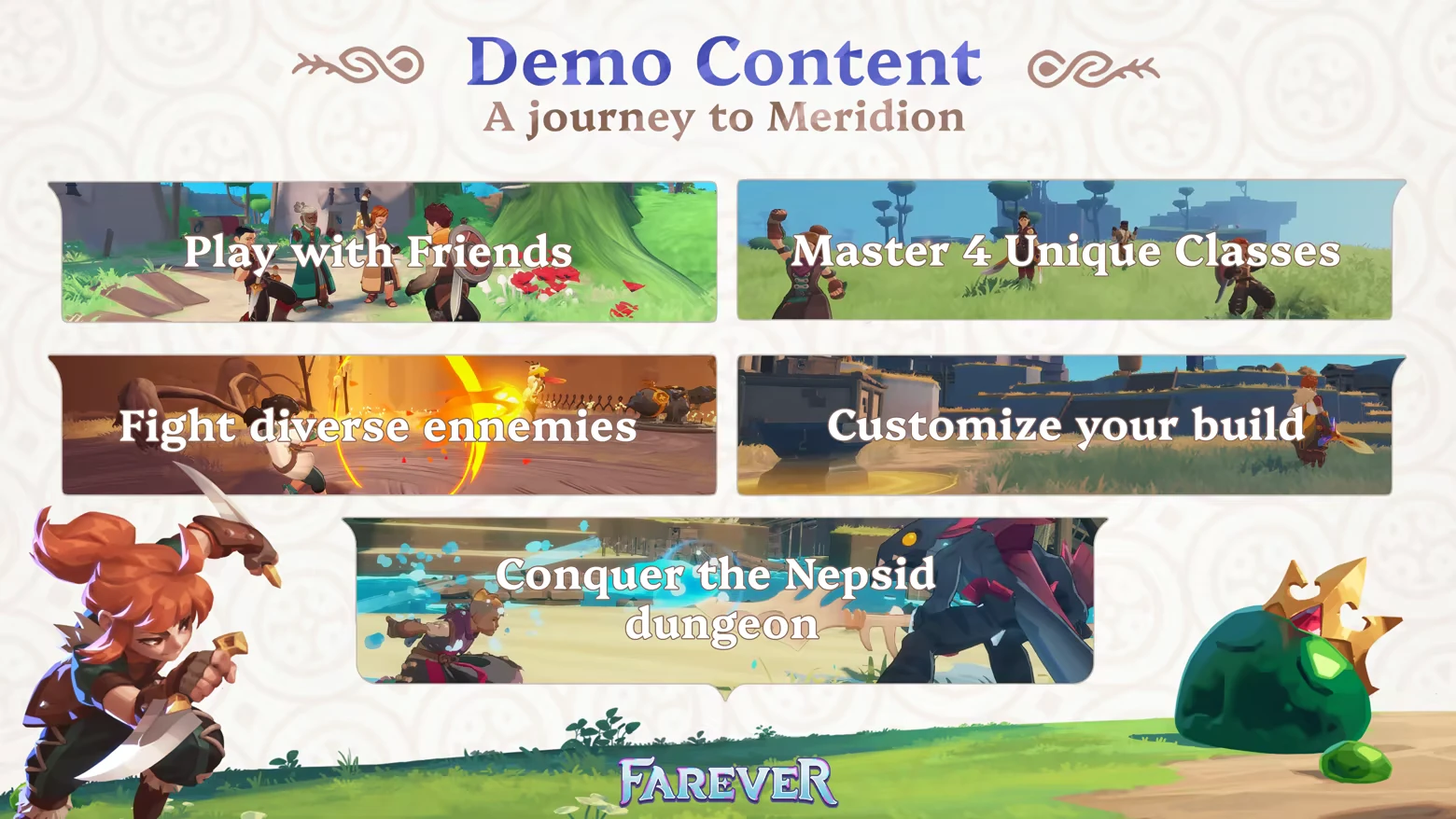 Demo Content Screen – Farever Farever: Demo Content screen with feature banners: Play with Friends, Customize build.