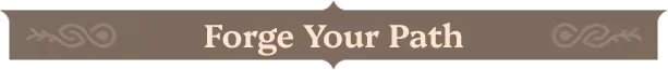 Farever: "Forge Your Path" text in bold, light font on a brown banner with decorative symbols.
