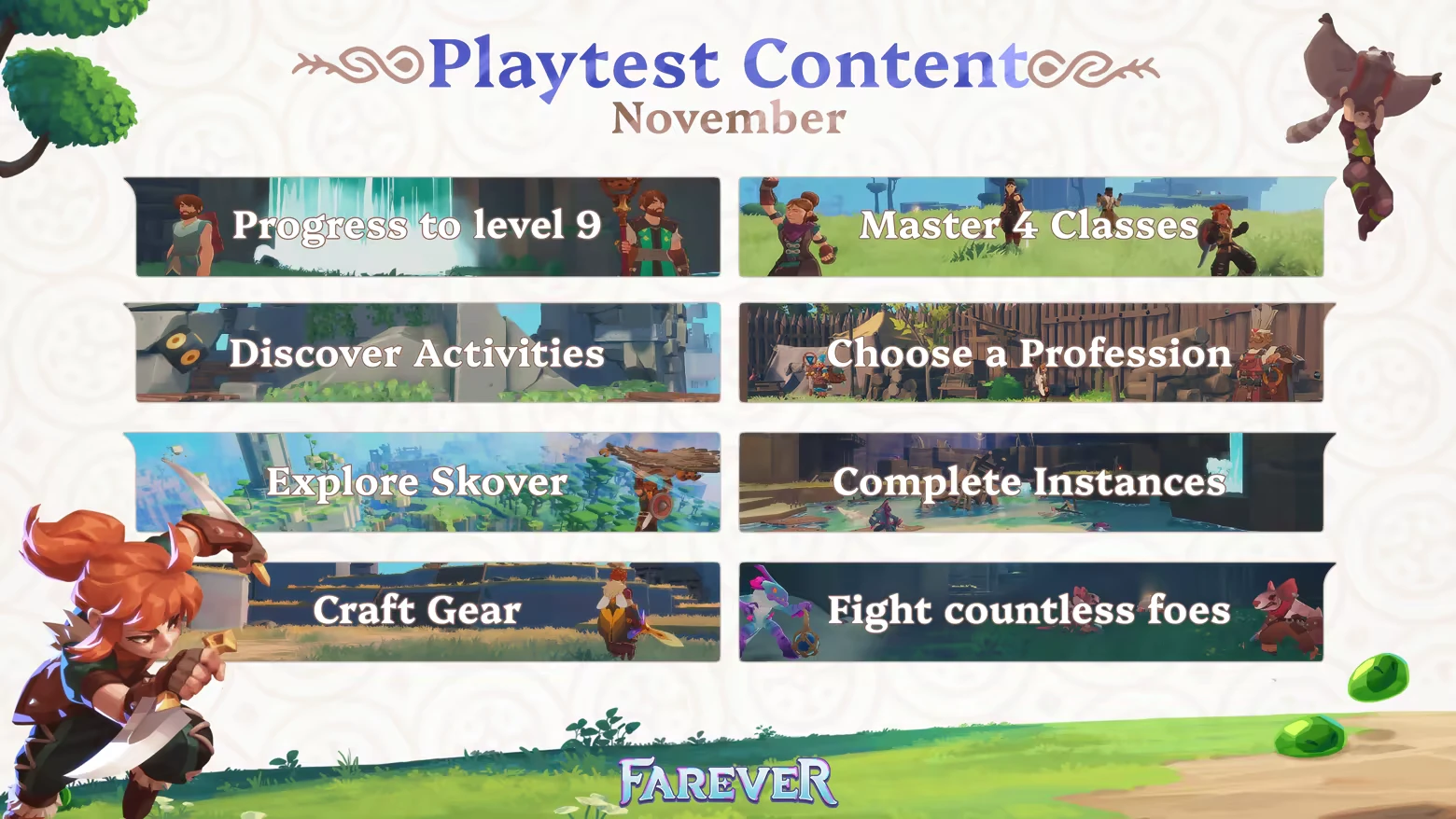 Farever: Playtest Content for November with tasks like mastering classes and crafting gear.