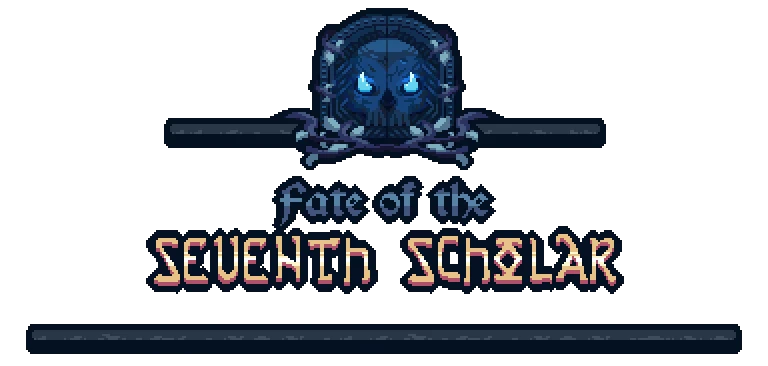 Fate of the Seventh Scholar: Blue skull with glowing eyes above stylized game title text.